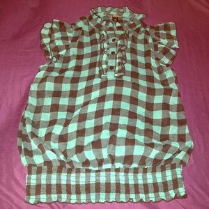 Plaid blouse with high neck n ruffled sleeves CUTE